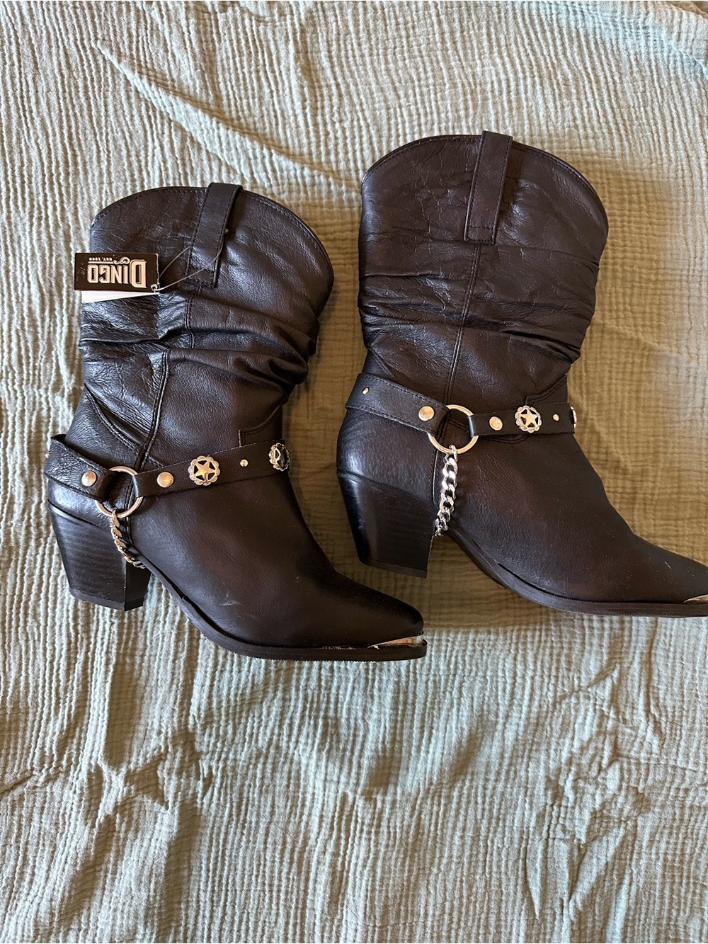 dingo Black Western Harness Ankle Boots with Chain Accent